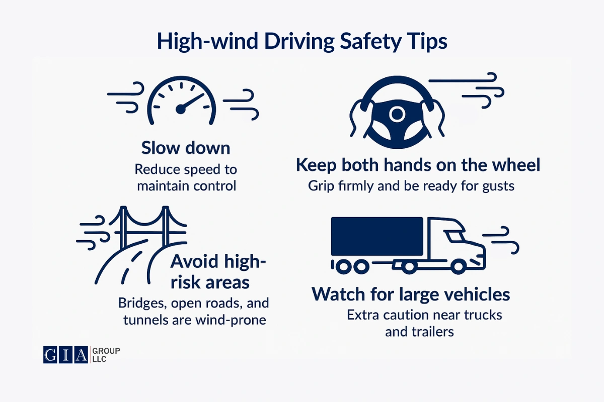 What actions must you take to maintain vehicle control in strong winds?